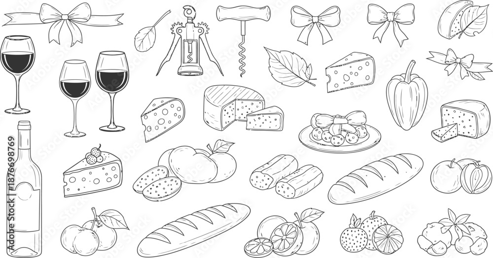 Fototapeta premium Delicious food and wine illustration set with various cuisine and drinks