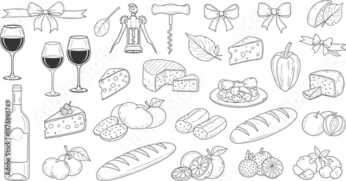 Delicious food and wine illustration set with various cuisine and drinks