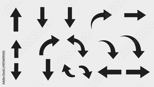 Black directional arrow icons set on a light gray background, pointing in multiple directions and showing curves, movement, and refresh actions.