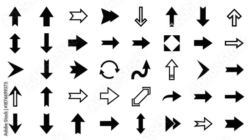 Comprehensive Set of Black Arrow Icons in Various Directions and Styles for Navigation and UI Design, isolated white background.