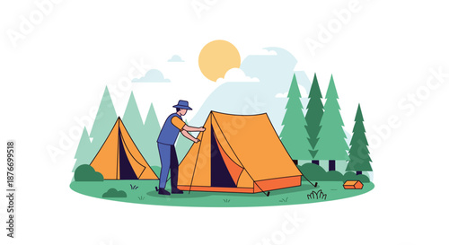 Man wearing a hat and vest setting up an orange tent at a campsite in a pine forest, with another tent and sunny sky in the background.