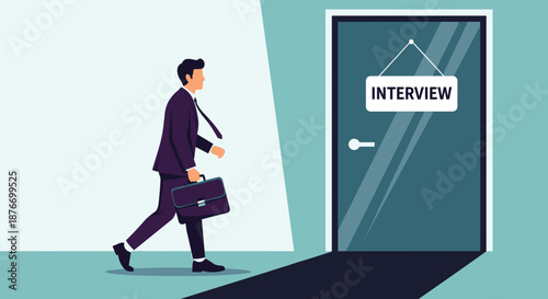 Businessman in a suit carrying a briefcase walking towards a closed door with a sign that says 'Interview,' depicting a job search.