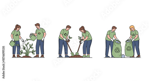 Set of three scenes showing young volunteers in green shirts with recycle logos watering, planting, and collecting trash for recycling.