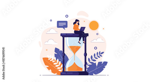 Woman sitting on a giant hourglass working on her laptop, illustrating concepts of time management, deadlines, and productivity.
