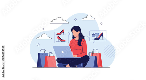Woman sitting cross-legged with a laptop, shopping online for high-heeled shoes, with shopping bags and thought bubbles showing her choices.
