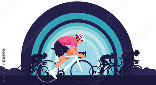 Male cyclist in a pink jersey and helmet leading a group of riders, cycling in a race with a stylized rainbow arch in the background.