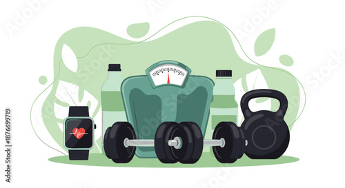 Collection of fitness and health equipment including dumbbells, a kettlebell, weighing scale, smartwatch, and water bottles on a green background.
