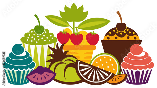 Assorted fruit and cupcakes display Vector