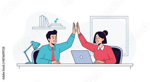 Happy male and female colleagues giving a high five over their desks in an office, celebrating a successful project or teamwork.