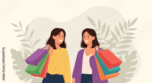 Two happy young women, possibly friends or sisters, smiling and holding multiple colorful shopping bags after a successful shopping trip.