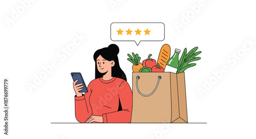 Woman using her smartphone to give a five-star rating for her online grocery delivery, with a paper bag full of fresh food next to her.