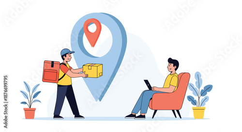 Delivery man with a backpack handing a package to a customer sitting in a chair, with a large map pin in the background symbolizing location.