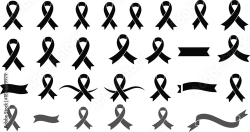 Set of black awareness ribbons icons for mourning, remembrance, memorials, charity causes, and symbolic support in healthcare and social campaigns