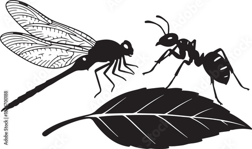 Insects Dragonfly and Ant Facing Each Other on Leaf