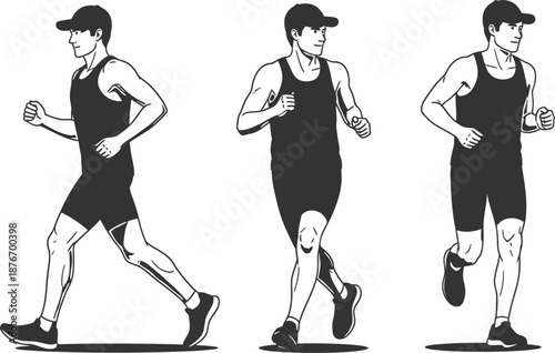 Illustration of man running in different poses and outfits for fitness and exercise