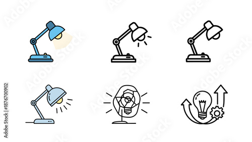 Collection of desk lamp icons illuminating concepts of study, work, creativity, and innovative solutions, symbolizing bright ideas and focused learning