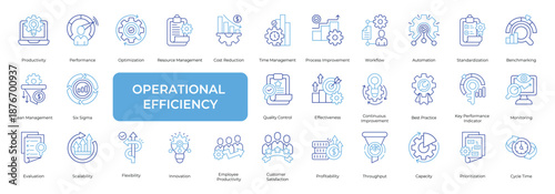 Operational Efficiency Icon set Collection in Line Two Color Style. Productivity, Performance, Optimization, Resource, Management, Time, Effective
