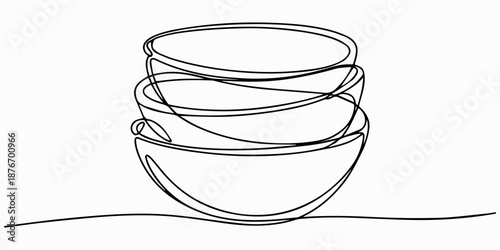 Stack Of Bowls, Food bowl continuous one line drawing. Kitchen tools concept vector illustration, Continuous Line Drawing Of Stack Of Bowls. One Line Of Bowls. Kitchenware concept Continuous Line Art.