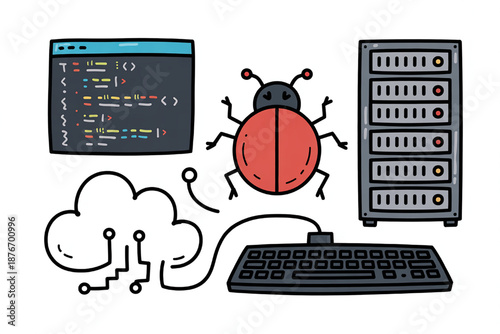 Computer bug code window server rack and cloud icon representing software development and debugging concepts hand-drawn illustration for technology themes