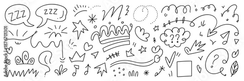 Line brush heart vector set. Hand drawn marker pen stroke star, flower, pencil arrow speech bubble cloud highlight shape icon. Cute sketch text scribble sparkle check underline. Vector illustration