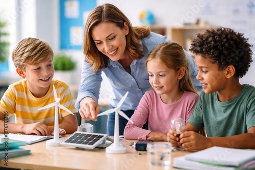 Teacher guiding students with renewable energy models in classroom