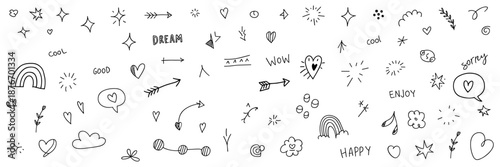 Line arrow, star, heart cute icon elements. Hand drawn sketch heart, arrow, star, flower decoration symbols. Simple sketch line style emphasis, attention, graphic elements. Vector illustration