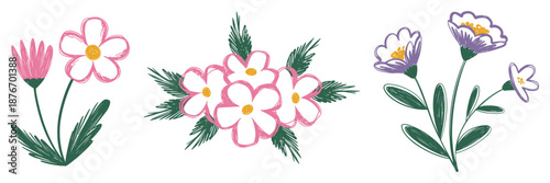 Sketch crayon style modern simple flower art poster or placard collection. Ink, charcoal, pencil or chalk style plants or floral elements drawing. Colorful hand drawn flowers vector illustration set.