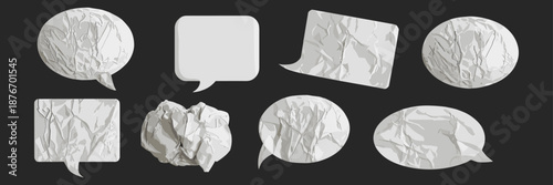 White speech bubbles cut out of crumpled paper trendy elements set. Dotted halftone social media clip art, modern retro vector illustration for mixed media design isolated on black background
