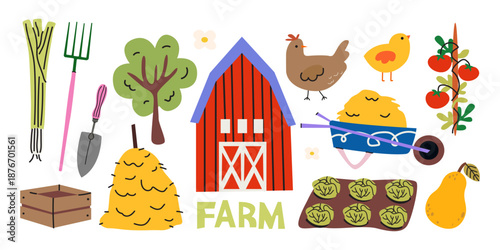 Farmer and village life elements set in cartoon retro style. Rural icon set, farm tools, barn, vegetables, haystack, farm animals, chicken, gardening elements. Cozy countryside stickers collection
