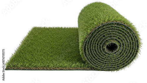 rolled up green artificial turf on white background