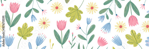 Flower crayon watercolor spring floral set. Hand drawn pastel crayon flower, leaf, plant with chalk texture. Cute nature background for kid, child, garden doodle element design. Vector illustration