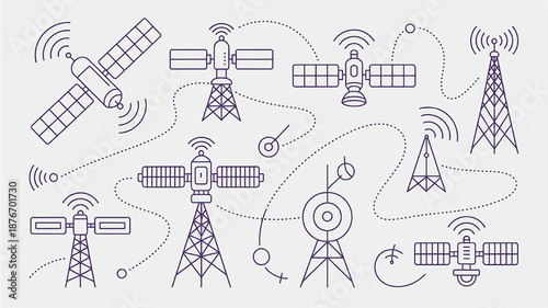 Collection of communication tower and satellite icons simple line art vector illustrations for technology and network concepts isolated on light background