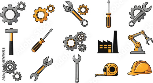 A collection of mechanical tools and industrial icons including gears, screwdrivers, tape measures, and robotic arms for technical maintenance and engineering projects.