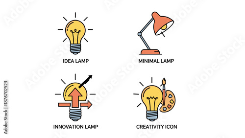 Collection of four distinct icons representing ideas, innovation, and creativity, featuring stylized light bulbs and lamps, perfect for design and conceptual projects