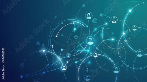 Global network of digital connections,visualization of social media and internet data exchange,blue tech background with icons and connecting lines