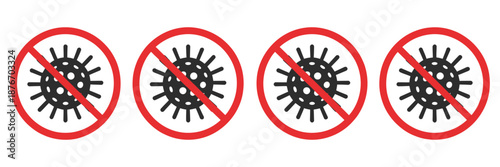 No virus infection icons set, stop germs, bacteria, and coronavirus prevention symbols in red warning circles, including health safety alerts, hygiene signs, and clean vector illustrations for public 