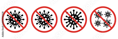 No virus infection icons set, featuring stop germs, bacteria, and coronavirus prevention symbols in red prohibition circles, health safety alerts, hygiene icons, and modern vector illustrations 