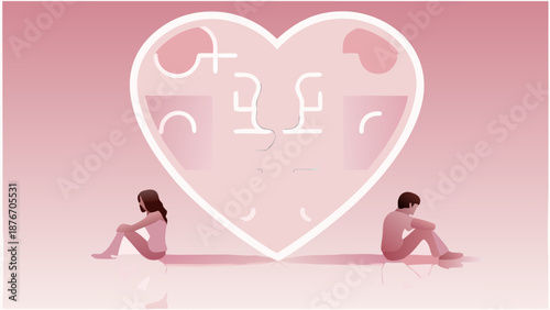 Couple sitting back to back with broken heart