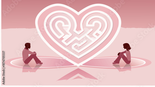 Couple in love facing heart shaped maze relationship challenges