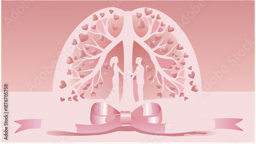 Romantic pink wedding couple silhouette with heart tree
