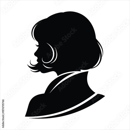 Black silhouette of a woman's head in profile with short, curled hair