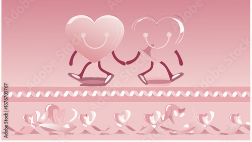 Two happy heart characters walking together in pink