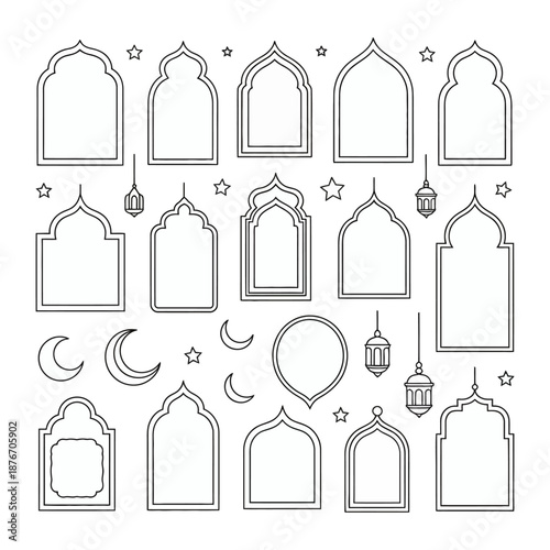 Islamic Arch Design: A collection of meticulously crafted Islamic arch designs, adorned with delicate crescent moons, stars, and lanterns, presenting a visual ode to faith and cultural heritage.