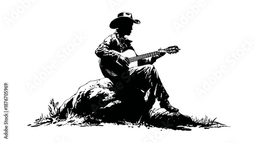A silhouetted figure sits playing a guitar on a rock with grass at its base, wearing a hat