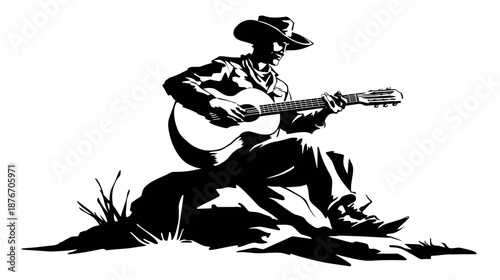 Silhouette depicts a guitarist in a hat, playing while seated outdoors. The art style uses black and white