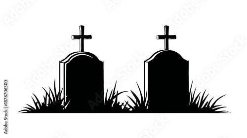 A simple graphic of two gravestones with crosses on top, silhouetted with grass in the foreground