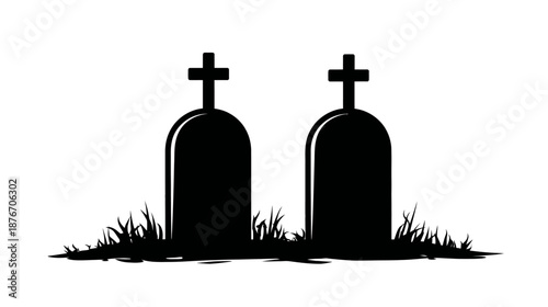 A black and white silhouette depicts two tombstones with crosses in a field of grass
