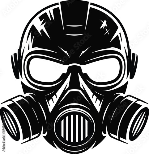 Gas mask wearer in black and white protective gear