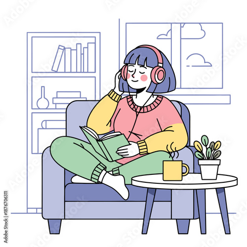Woman relaxing at home with headphones on.