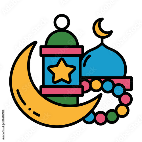 Celebration of faith: An artistic illustration captures the essence of a traditional lantern, crescent moon, and dome, symbols of a deeply rooted cultural practice and tradition. 